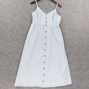 ModCloth Dress Sz L Blue White Striped Button Front Midi Lined Cotton Seersucker